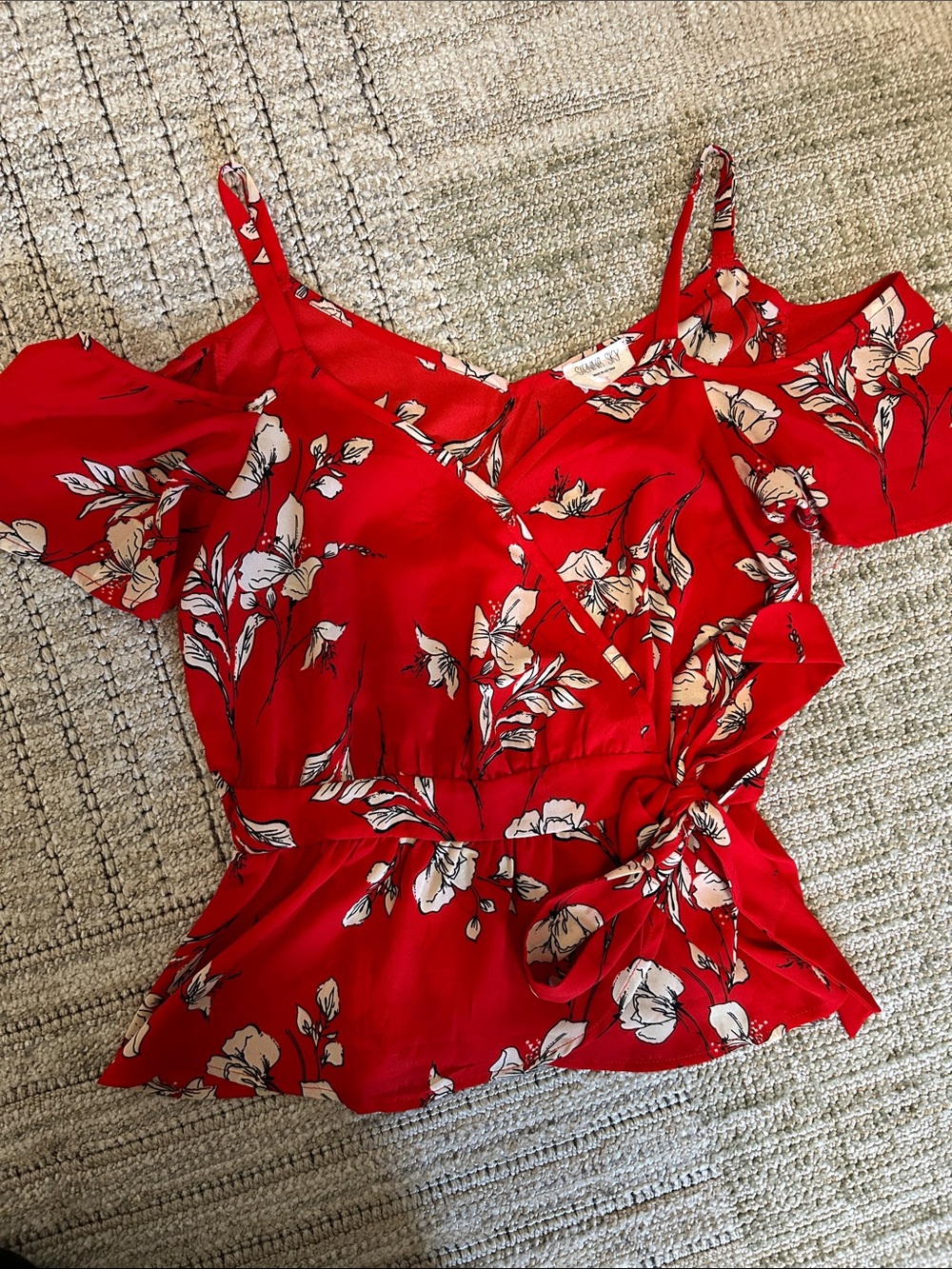 Sienna Sky Red Floral Cold-Shoulder Faux Wrap Top, Small